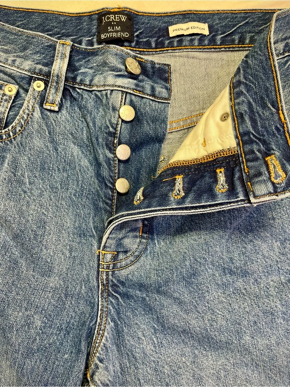 J Crew Premium Slim Boyfriend Patchwork Denim Jeans Cropped Button Fly - 28